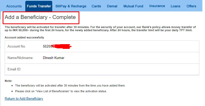 How to add Beneficiary in HDFC