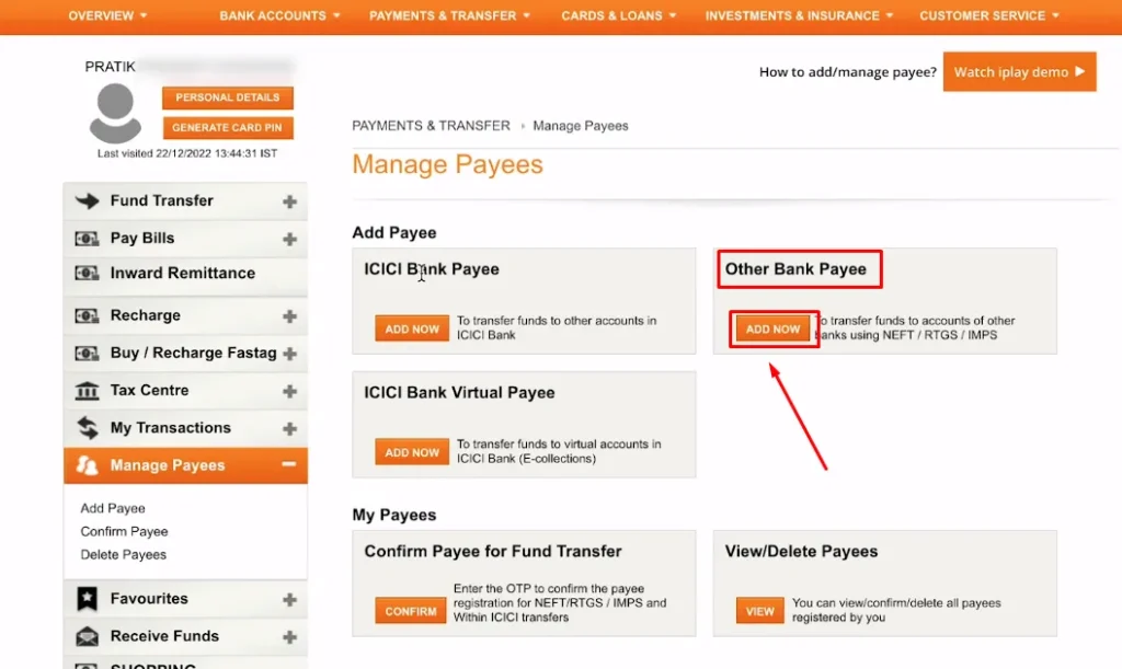 How To Add Payee In ICICI Bank 