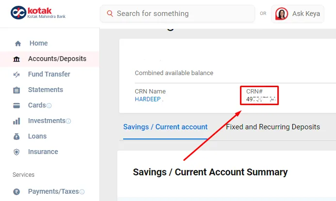 How to Find CRN number in Kotak Bank