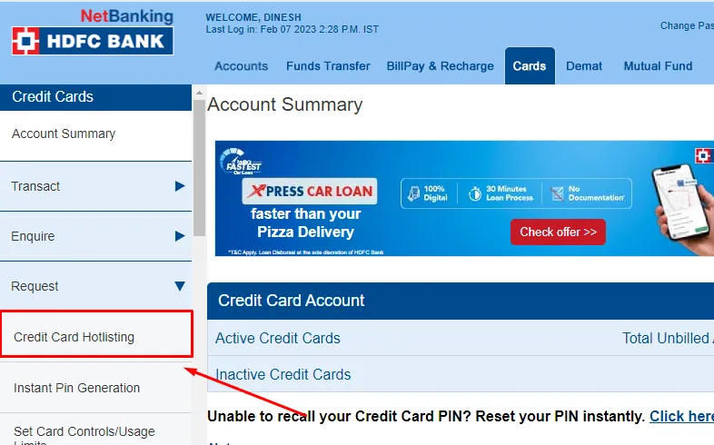 How To Block HDFC Credit Card