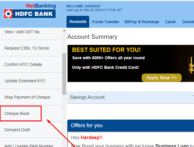 How To Apply For New Cheque Book In HDFC