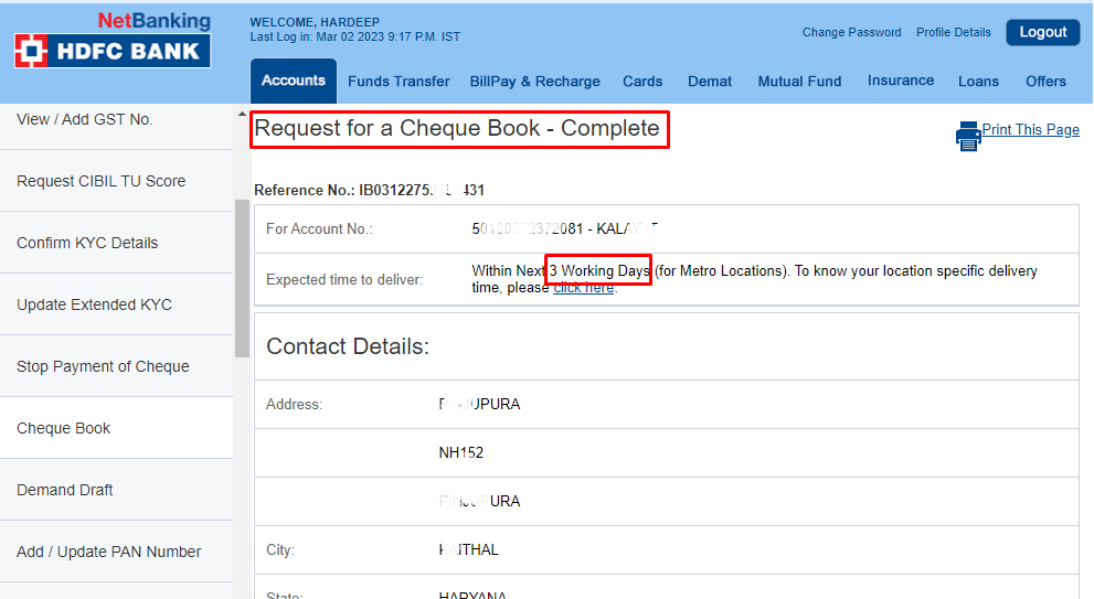 How To Apply For New Cheque Book In HDFC