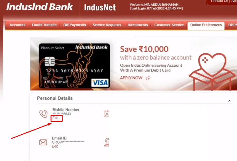 How To Change Mobile Number In IndusInd Bank